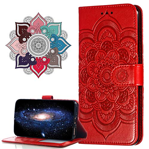 MRSTER - Funda de Piel para Moto E5 Play Go, [Stand Support] [Porta Tarjetas de crédito] [Cierre magnético] Cartera Funda Funda para Motorola Moto E5 Play Go. LD Mandala Red