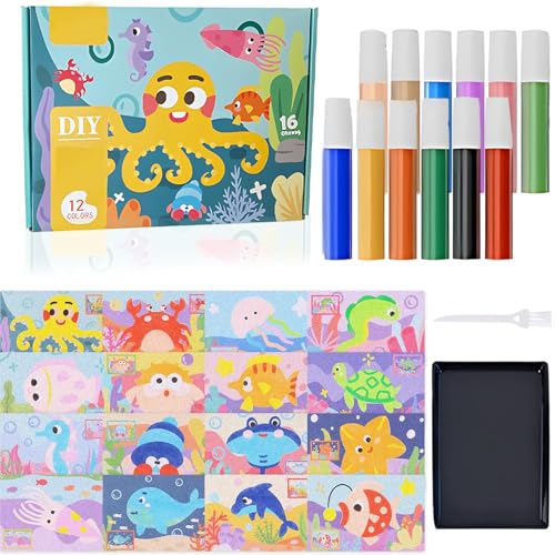 ZQSFPK Kits de arte de arena para niños, 16 imágenes de arte de arena con 12 arenas de colores, kit de manualidades para pintura creativa, incluye pincel y bandeja