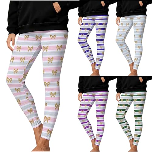 Christmas High Waisted Leggings for Women Gym Tummy Control Pilates Pants Xmas Bow Graphic Running Workout Yoga Pants Purple