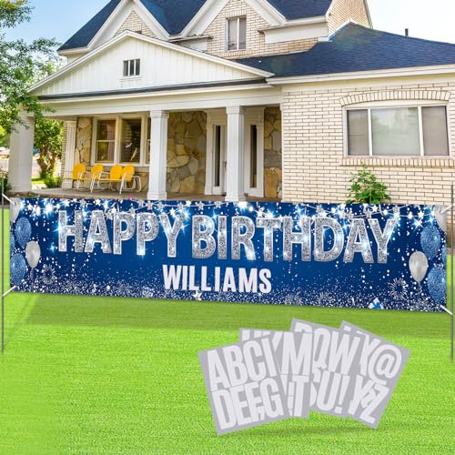 Large Blue Birthday Decorations Banner with Personalized Letter Stickers Custom Navy Blue Silver Happy Birthday Yard Banner DIY Birthday Sign for Men Women Birthday Party Supplies Outdoor Indoor