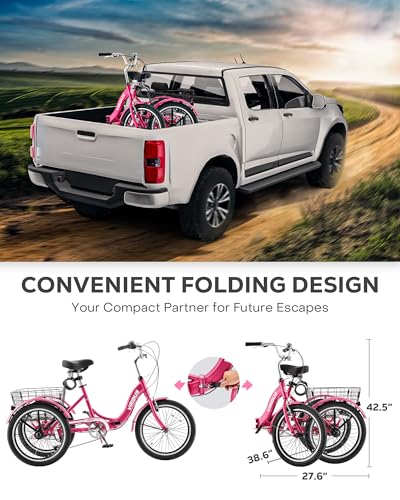 Image of VIRIBUS Folding Tricycle for Adults, 7 Speed 20 Inch Mini Foldable 3 Wheel Bikes for Women Seniors with Dual Chain & Low Step-Through Frame, Collapsible Trike with Cargo Basket, 330 lbs, Hot Pink
