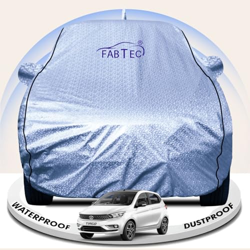 Image of FABTEC Metallic Silver Waterproof Car Body Cover for Tata Tiago Sun, UV and Dust Protection with Mirror and Antenna Pocket (Reflective Silver with Black Piping)