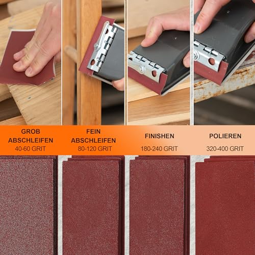 KENDO Schleifpapier Set 84-teilig, 93x230mm inkl. 1 x Handschleifklotz & 3 x Schleifschwämme. Körnungen jeweils 10x P40/60/80/120/180/240/320/400. Ideal für Holz, Metall, Trockenbau für Handschleifer