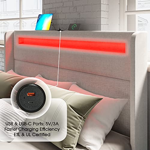 AMERLIFE Cream Full Bed Frame with RGBW LED Headboard, Storage Drawers, and USB Ports