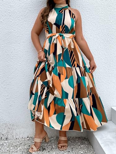 Image of Floerns Women's Plus Size Boho Sleeveless Halter Neck Tie Back A Line Long Dress