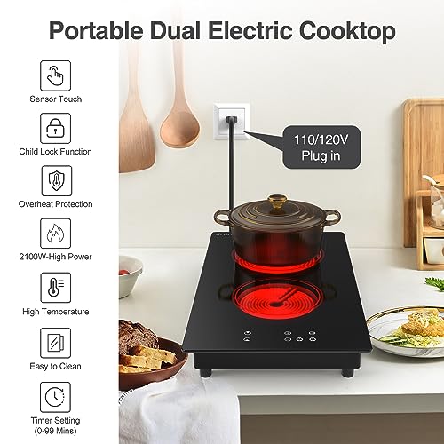 Image of GIHETKUT Electric Cooktop,Built-in and Countertop Electric Stove Top, 2100W 110V Electric Burner 9 Heating Level, Timer & Kid Safety Lock, Sensor Touch Control 2 Burner Electric Cooktop.