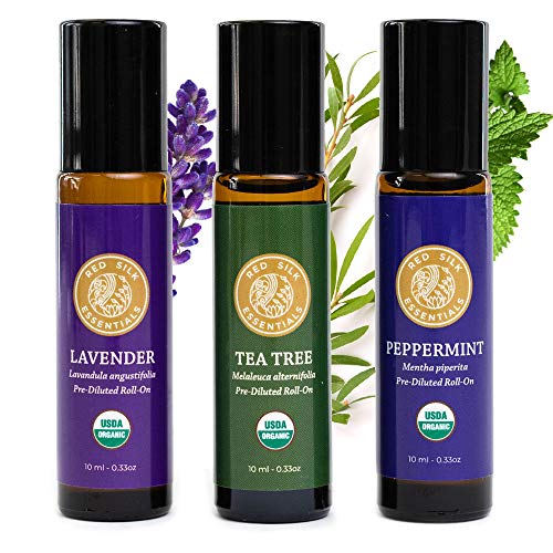 Organic Top 3 Singles Essential Oil Roll On Gift Set, 100% Pure Non-GMO USDA Certified Organic - 10ml Pre-diluted Lavender, Peppermint & Tea Tree | Wellness Work-Horses