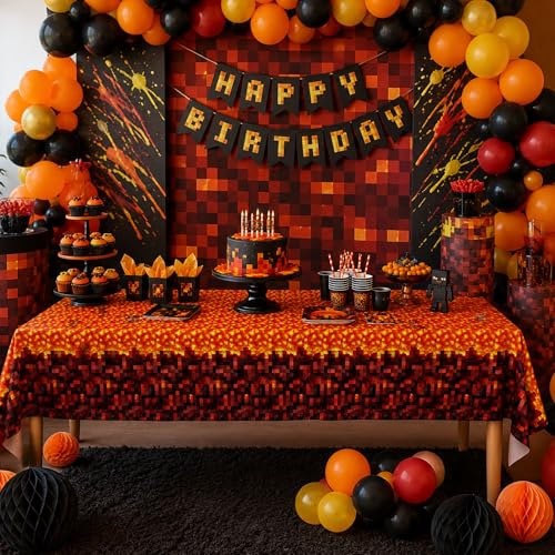 Image of Blue Orchards Pixel Lava Tablecover (Pack of 3) 108 inch x 54 inch - Immersive Lava Themed Gaming Tablecloth, Accent and Backdrop, Gift Wrap, Lava Block Style Party Table Cover, Lava Rock Inspired