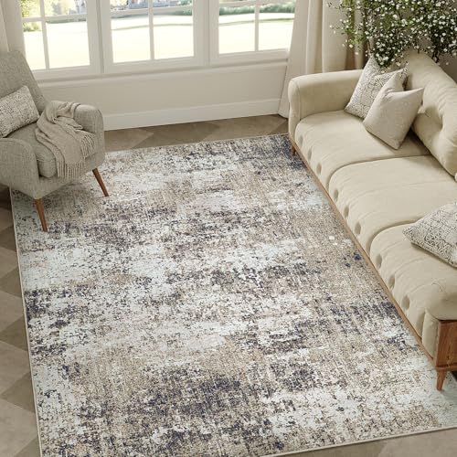 PureCozy 4x6 Washable Area Rug Beige Abstract Non Slip Carpet for Office Entryway Soft Low Pile Neutral Modern Throw Indoor Door Mat Kitchen Living Room Bedroom Bathroom