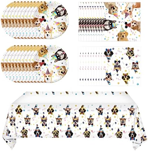 Juhap 41 Pieces Dog Birthday Party Supplies, Puppy Party Tableware for Kids Party Decorations Includes 20 Plates 20Napkins and 1 Tablecloth for Puppy Theme Party Supplies