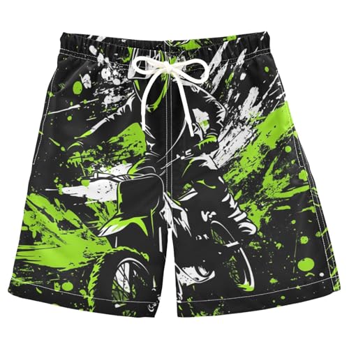 Jucciaco Boys Beach Board Shorts Green Graffiti Motocross Swim Trunk Teen Swimwear