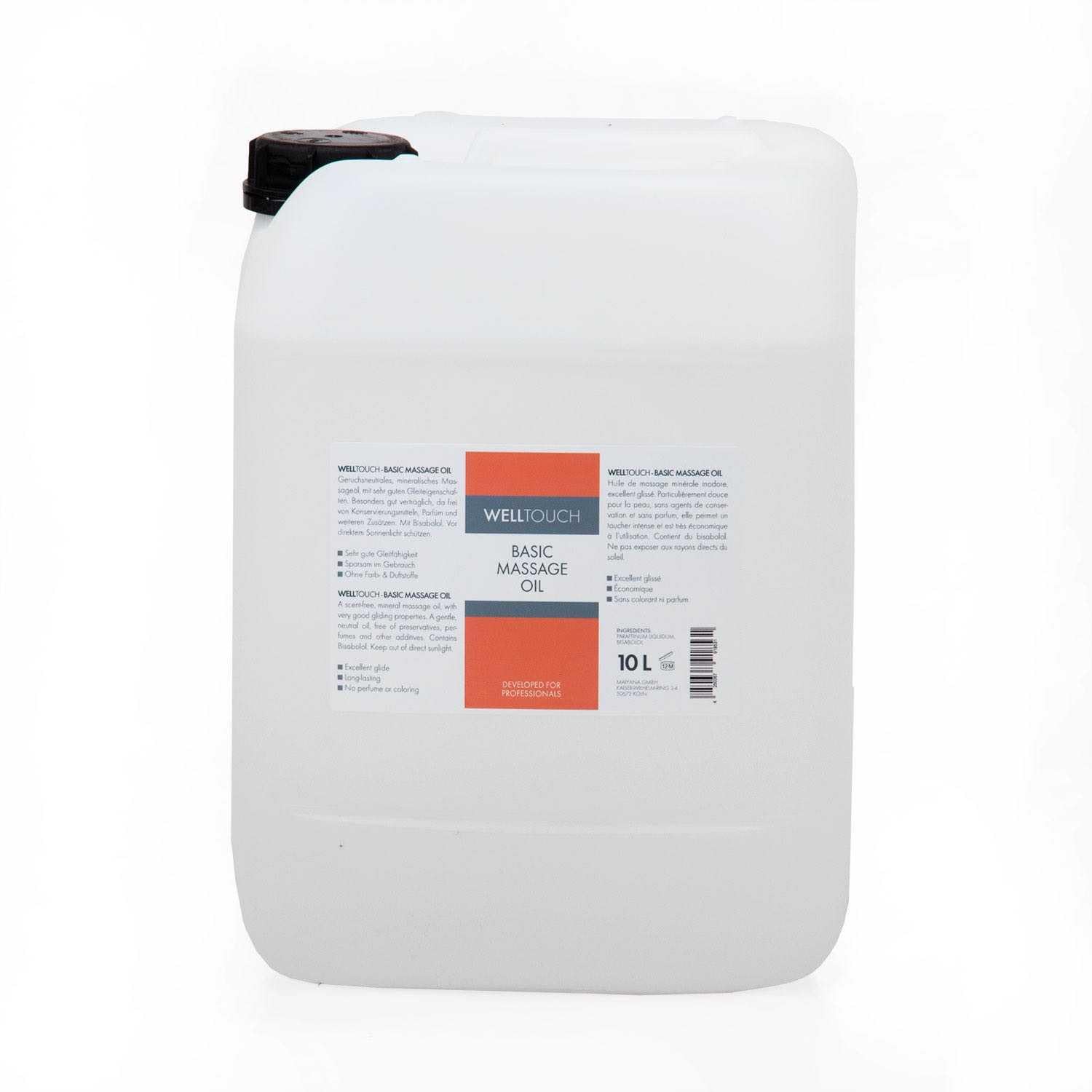 WellTouch Basic Massage Oil,10-Liter-Kanister, neutral, reizfrei, sparsam im Verbrauch, Massage-Öl in Profi-Qualität für Physiotherapie, Spa & Wellness