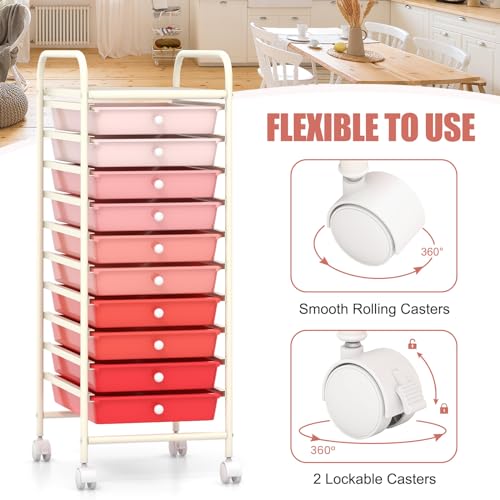 HOMGX Storage Cart with 10 Drawers, 10 Tiers Rolling Drawer Cart with 2 Lockable Wheels, Slim Rolling Storage Cart for Office/School/Home, Gradient Pink - Thumbnail 7