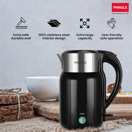 Image of Pringle Haden Electric Kettle Double Wall 1.8L With SS 304-1500W with Keep Warm Function,Boil Dry Protection &Auto-Shut Off| Concealed Heating Element| 360 Deg Cordless Base, (Black)