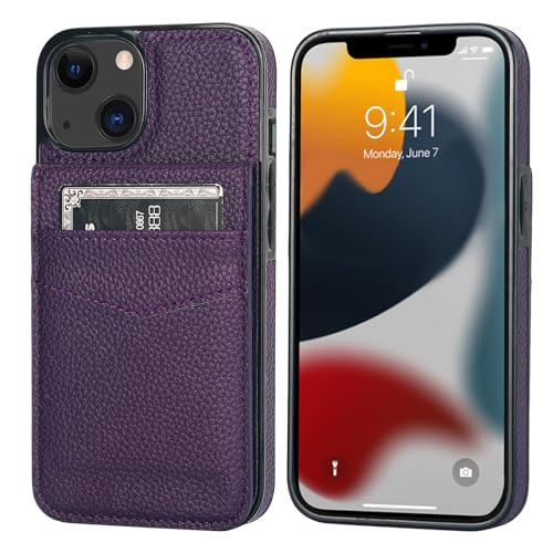 Image of KIHUWEY Compatible with iPhone 13 Case Wallet with Credit Card Holder, Premium Leather Magnetic Clasp Kickstand Heavy Duty Protective Cover for iPhone 13 6.1 inch (Lichee Dark Purple)