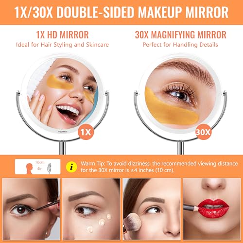 Image of Auxmir 30X Magnifying Mirror with Tweezers, 6.8 Inch Double Sided 30X /1X Magnifying Makeup Mirror with Stand, 360 Rotation Bathroom Vanity Mirrors for Bathroom, Dressing Table, Desktop, Bedroom
