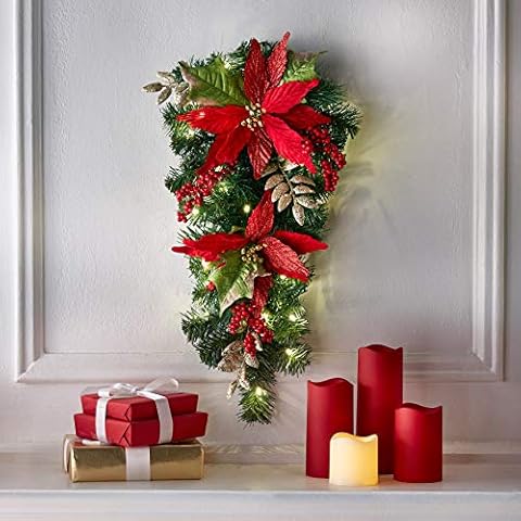 BrylaneHome Pre-Lit Poinsettia Swag 24 Inch Christmas Decoration Cover