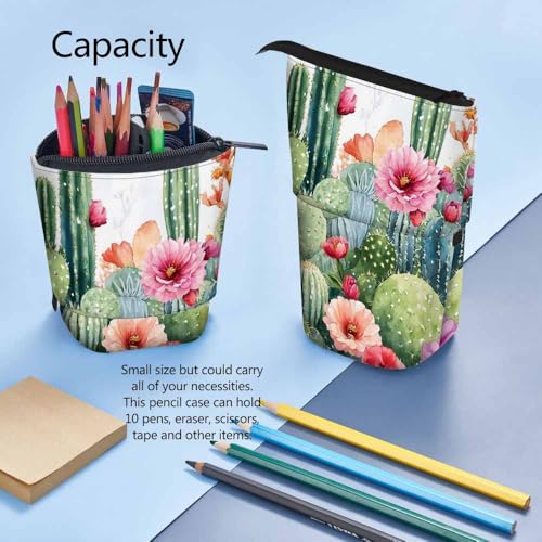 Image of Swono Cactus Floral Pencil Case Bright Tropical Flowers Roses Cacti Watercolor Standing Pencil Case Pencil Holder Pencil Pouch Cosmetics Pouch Makeup Office Bag Colorful