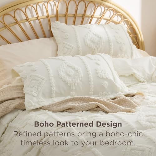 Image of Bedsure Boho Tufted White Comforter Set Queen Size, GentleSoft 3 Pieces Boho Farmhouse-Style Decor Bedding, Exquisite Bedding for All Seasons, 1 Bed Comforter, 2 Pillow Shams, 90x90 Inches