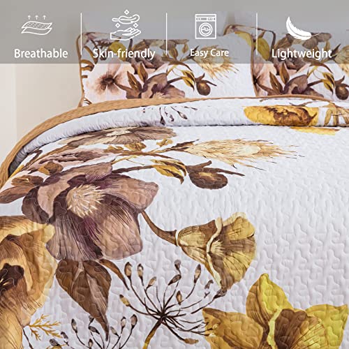 Floral Quilt Set King 3 Pieces Boho Yellow Floral Quilt Coverlet Set Soft Microfiber Lightweight Yellow Quilted Bedspread For All Season 104"X90" #TOP2