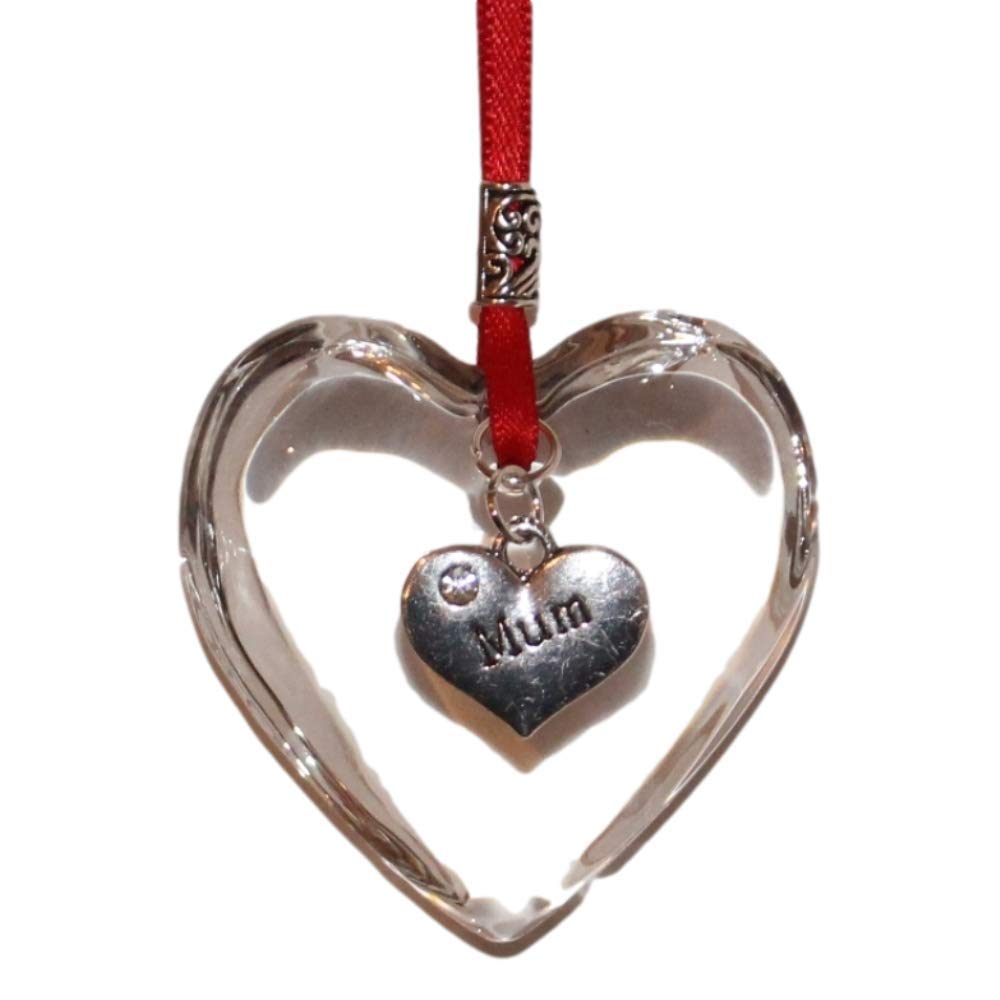 The Heart Shack Bright Red Ribbon Glass Hanging Heart Christmas Tree Decoration With Mum Charm