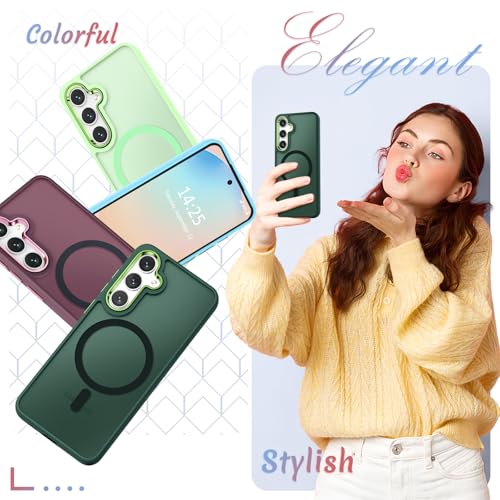 Image of YENAPOON for Samsung Galaxy S25 FE Case, Matte Magnetic Phone Case with 1 Screen Protector, Support for Magsafe, Translucent Frosted Shockproof Protective Cover for Samsung Galaxy S25 FE, Dark Green
