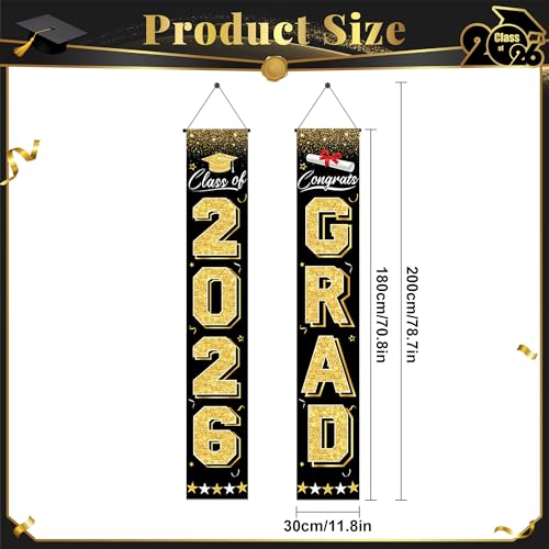 Image of PARTY KNIGHT Graduation Decorations 2026 - Black and Gold Graduation Banner Class of 2026 Congrats Grad Party Supplies Decorations Door Banner 2026 for Graduation Decor