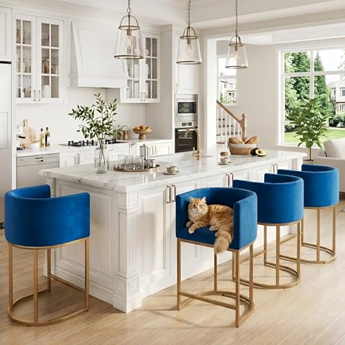 Image of HNY Modern Counter Height Velvet Fabric Upholstered Counter Stools Set of 4, 24 Inch Kitchen Island Stool with Gold Finish Metal Frame, Navy Blue