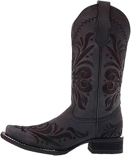 womens Leather Cowgirl Embroidered Square Toe Boot Pull-on Comfortable Fit Western Style