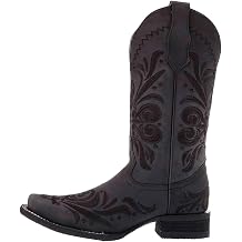 Corral Boots Womens All Black Tooled Inlay Square Toe Casual Boots Mid Calf Low Heel 1-2"