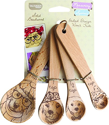 Talisman Designs Measuring Spoons, Solid Beechwood, Laser Etched Dog Collection, 4 Piece Set includes 1 Tablespoon, 1 teaspoon, 1/2 teaspoon and 1/4 teaspoon