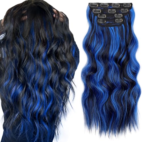 Image of KooKaStyle Wavy Thick Clip in Hair Extensions 20 inch Blue - Black Streak
