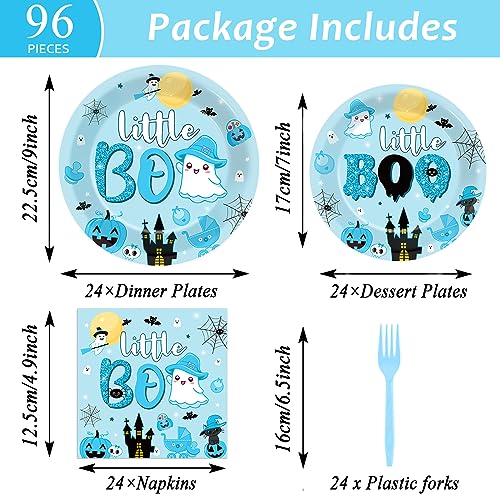 Image of 96PCS Halloween Little Boo Baby Shower Plates and Napkins for Boo baby shower Decorations Disposable Blue and Black Dinnerware Plates Napkins Forks for Halloween Party Favors