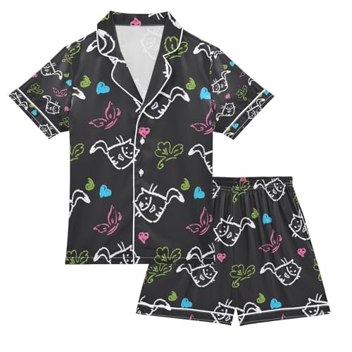 senya Pattern Cats Hearts Butterflies Satin Summer Pajama Sets Silk Short Sleeve Button Down Sleepwear