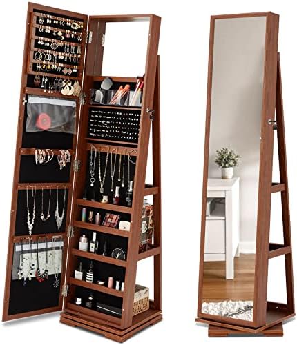 ACIPENSER 360° Rotating Jewelry Armoire, Lockable Jewelry Cabinet Organizer Standing w/Full Length Mirror, Large Storage Capacity, Built-in Makeup Mirror & 3-Tier Rear Storage Shelves, Walnut