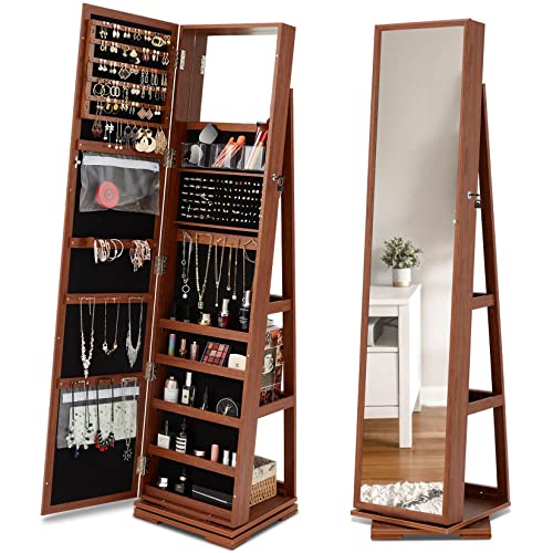 Acipenser 360° Rotating Jewelry Armoire, Lockable Jewelry Cabinet Organizer Standing W/Full Length Mirror, Large Storage Capacity, Built-In Makeup Mirror & 3-Tier Rear Storage Shelves, Walnut #TOP2