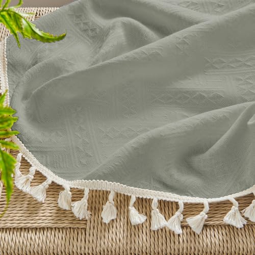 Image of Joydeco Greyish Green Boho Curtains 63 Inch Length 2 Panels Set, Boho Curtains for Bedroom Living Room, Super Soft Light Filtering Country Rustic Semi Sheer Farmhouse Curtains Rod Pocket