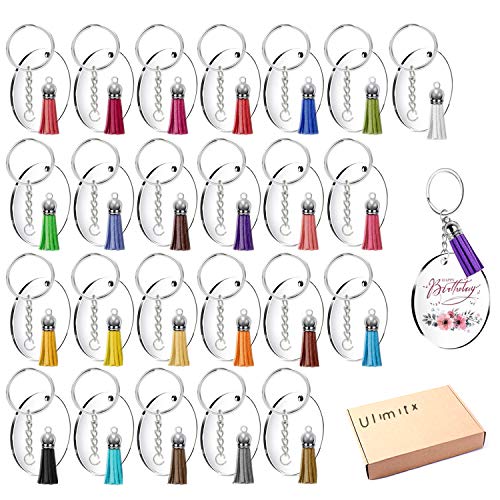 Ulimitx 24Pcs Acrylic Clear Circle Discs Transparent Round Keychain Blanks for Vinyl, with 24Pcs Key Chains, 24Pcs Tassel Pendants for DIY and Crafts