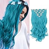 Queentas 20Inch 8 Pcs Wavy Curly Full Head Party Highlights Clip on in Hair Extensions Colored Synthetic Hairpieces Baby Blue