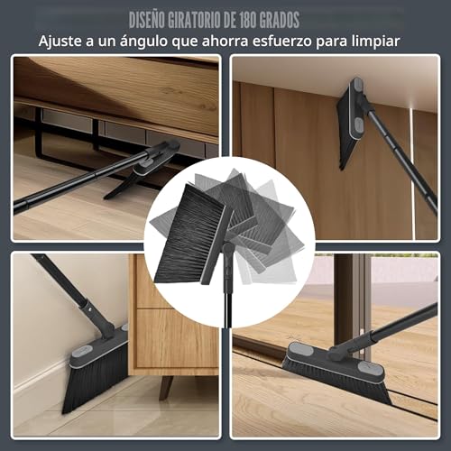 Miniatura 3 de Jehonn Escoba Alta Y Recogedor Plegable, Cepillo Barrer De Mango Largo, Juego De Sartenes Para Interior Con Giratorio De 180 Grados Cabeza Para Cepillos Para Barrido De Casa Negro Y Gris