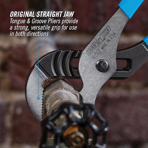 CHANNELLOCK 430 10-inch Straight Jaw Tongue & Groove Pliers, Made in USA, 2-inch Jaw Capacity, Laser Heat-Treated 90° Teeth, Forged High Carbon Steel thumbnail 3
