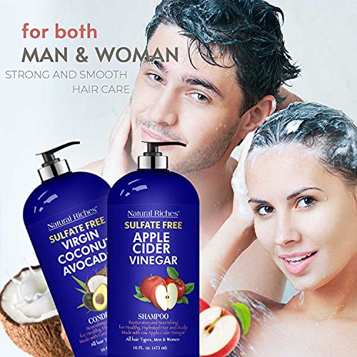 Natural Riches Apple Cider Vinegar Shampoo And Avocado Coconut Conditioner Set - Restores Shine & Reduces Itchy Scalp, Dandruff & Frizz - Sulfate Free, For All Hair Types, Men And Women 2X16 Oz #TOP4
