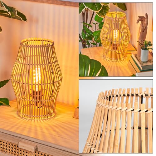 HOFSTEIN Tischleuchte Cardeira, Tischlampe aus Metall/Bambus in Schwarz/Naturfarben im Retro/Vintage/Boho-Design, Höhe 32 cm, Schalter am Kabel, E27, Lichteffekt, Wohnzimmer, Schlafzimmer, Flur, Büro