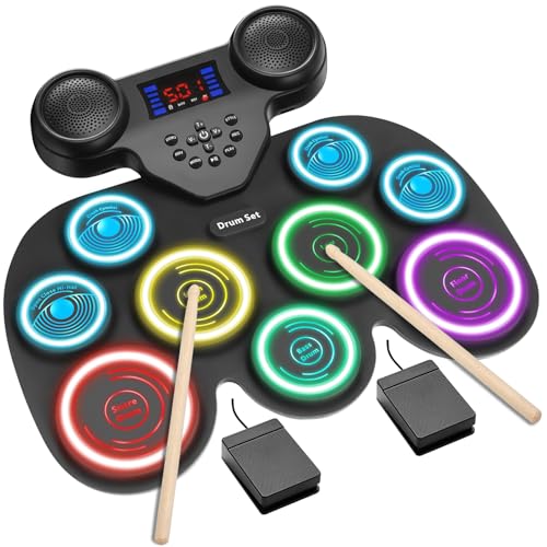 7-Color Dynamic LED Lights Electric Drum Set, 9-Pad Electronic Drum Set Bluetooth MIDI Support...