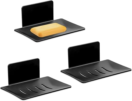 Huakaile 3 Pieces Black Self-Adhesive Bar Soap Holder for Shower & Sink, Removable Space Aluminium Wall Mounted Soap Dish Tray for Bathroom Tub Kitchen Sink No Drilled Black
