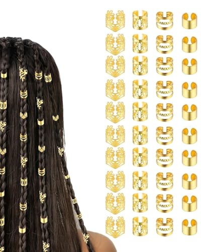 UZEXYO Gold Hair Cuffs 50 Pcs Adjustable Hair Rings for Braids Metal Dreadlock Accessories Festival & Halloween Gold Hair Accessories for Women