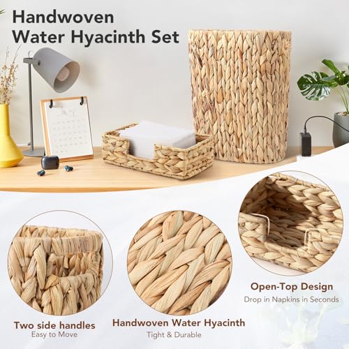 Image of Wicker Trash Can and Rectangle Napkin Holder, Guest Towel Holder,4 Gallon Water Hyacinth Bathroom Trash Can, Handwoven Napkin Holder, Narrow Small Waste Basket, Rustic Decorative Home and Office Set
