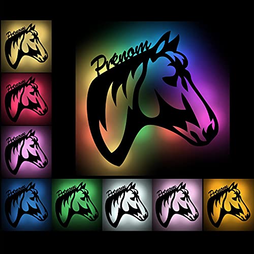 Lampe Led USB Murale En Bois Gravé avec changement de couleur - Veilleuse Déco Cheval Avec Prénom Personnalisé Pour Garçons Et Filles - Idée De Cadeau...