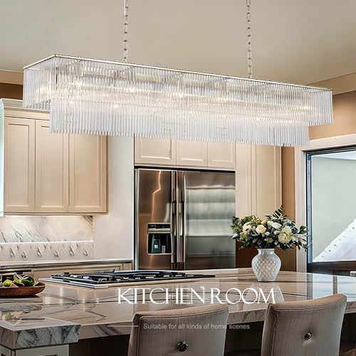 DEARLAN Modern Crystal Chandelier 21-Light Rectangular Ceiling Lamp for Dining Room Glass Rods Raindrop Copper Linear Pendant Light Fixture Contemporary L59 Hanging Kitchen Island Living Room Lamp — view 5
