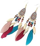 Pendientes de plata de ley 925 para mujer, con cuentas de arroz, aretes largos retro, aretes de metal con plumas de hoja de agua, aretes de gota de agua, aretes de estilo étnico/K azul, A